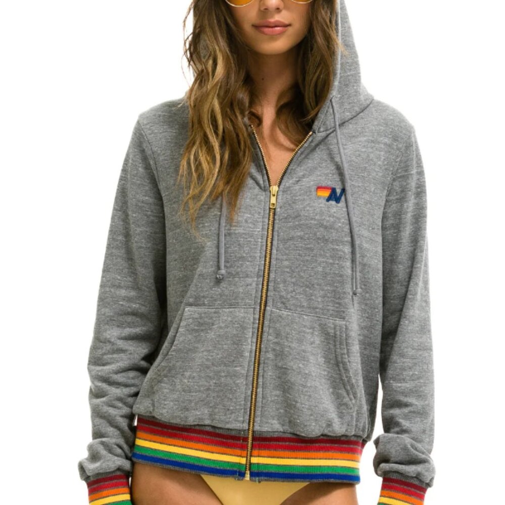 Aviator Nation Rainbow Rib Zip Hoodie in Heather Grey sz LG